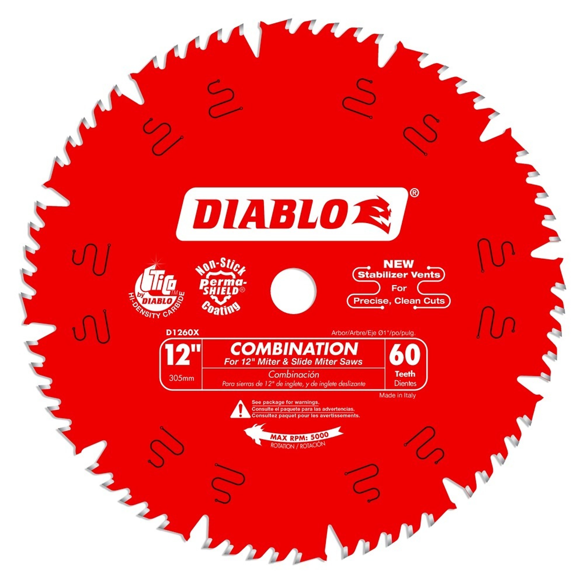 Diablo, 12 x 60 Combination Saw Blade, Blade Diameter 12 in, Teeth Per Inch 60 TPI, Included (qty.) 1, Model# D1260X